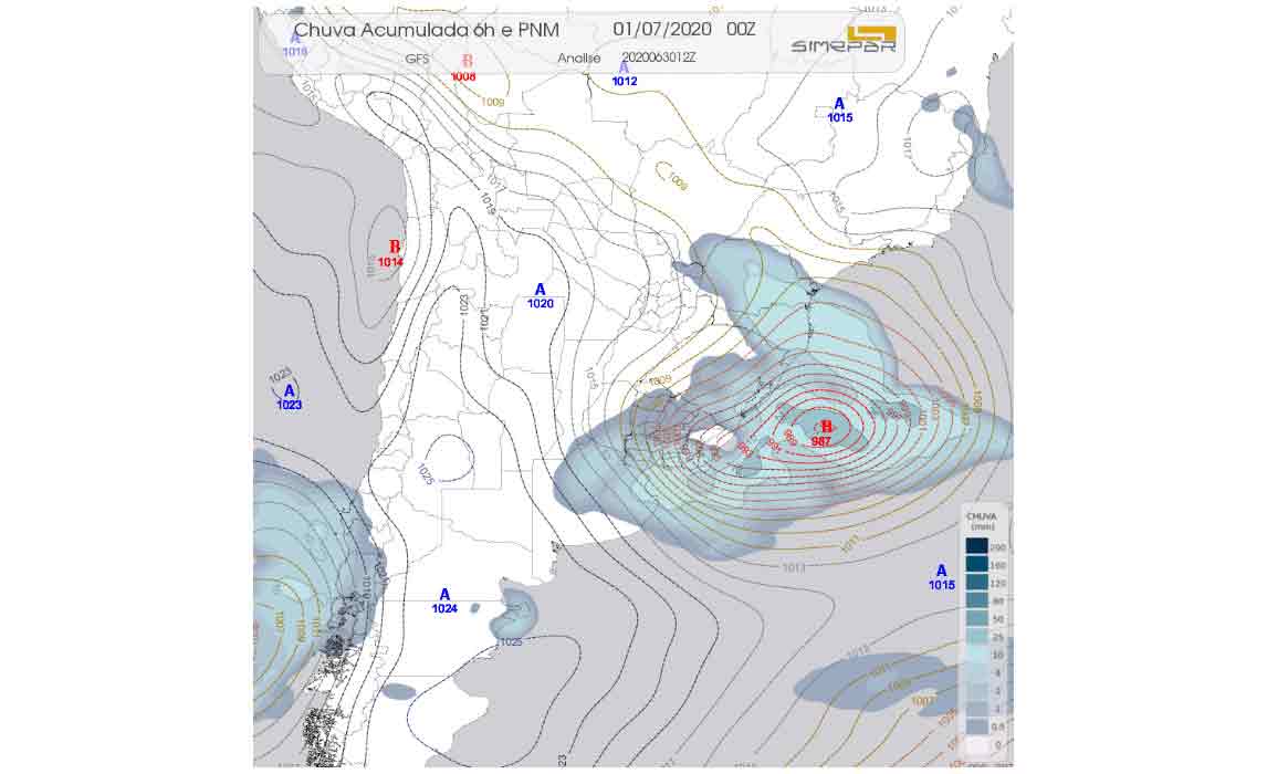Um ciclone extratropical situa-se sobre o mar na altura do Rio Grande do Sul. No Paraná as chuvas se afastam e as rajadas de vento, predominantes de sudoeste, seguem moderadas a fortes.