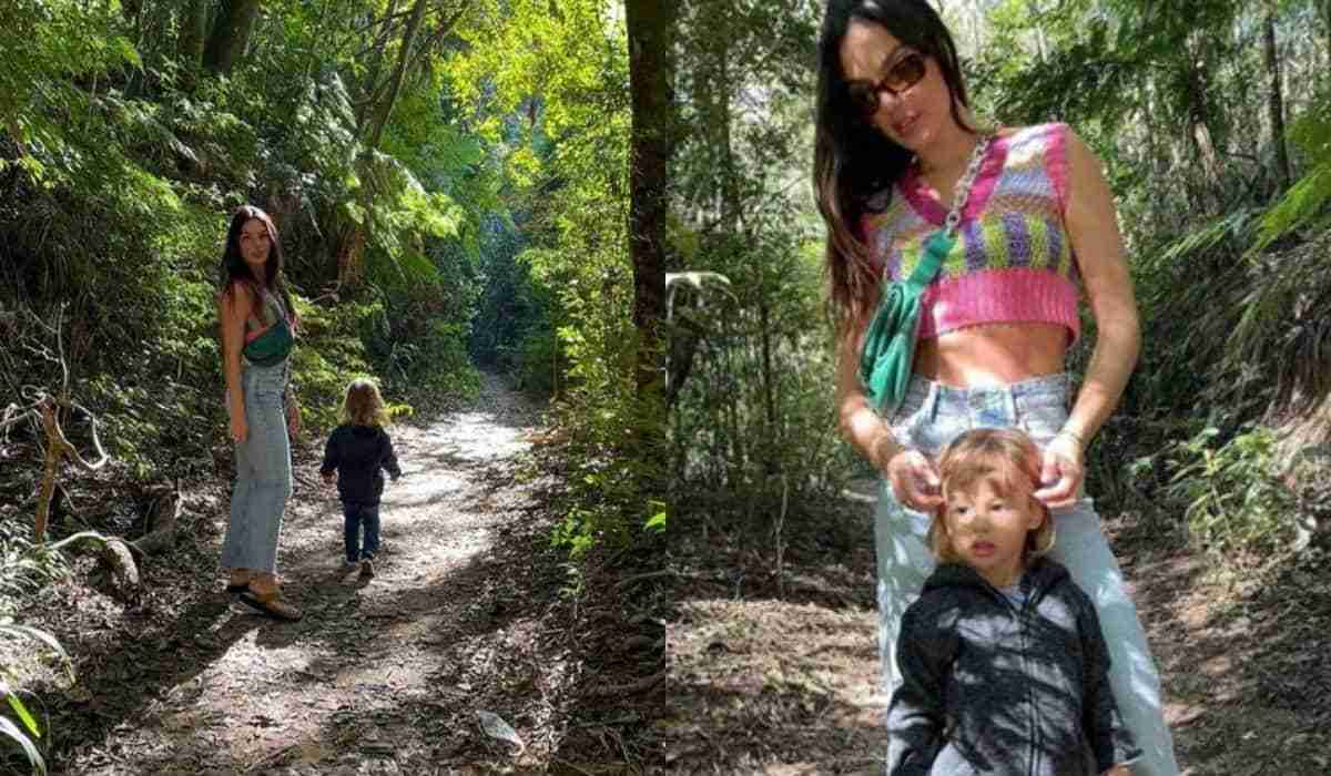 Isis Valverde curte natureza com o filho em trilha: 'selva e família'