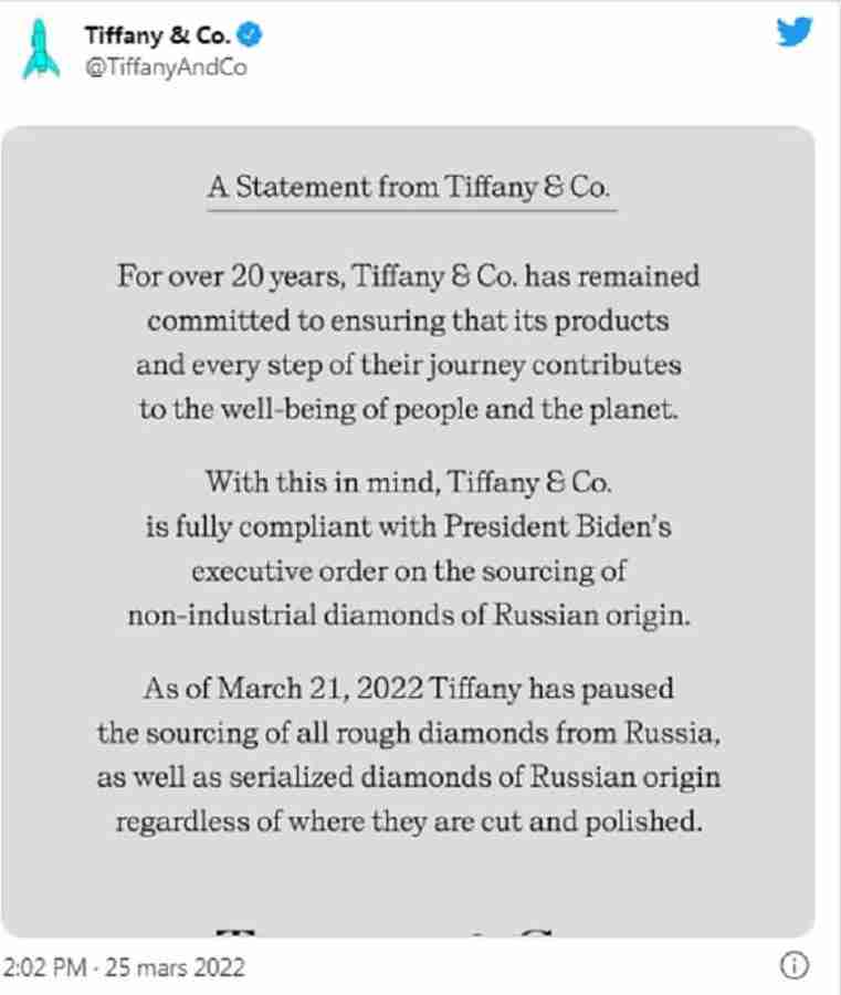 Declaração da Tiffany & Co. sobre o uso de diamantes russos. Foto: Reprodução/ Twitter