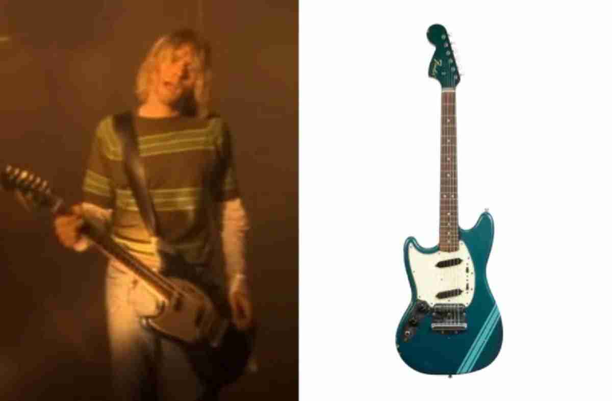Guitarra azul, que era uma das preferidas de Kurt Cobain, é vendida em leilão por valor surpreendente. Foto: Reprodução/ Youtube | Divulgação/ Julien’s Auction