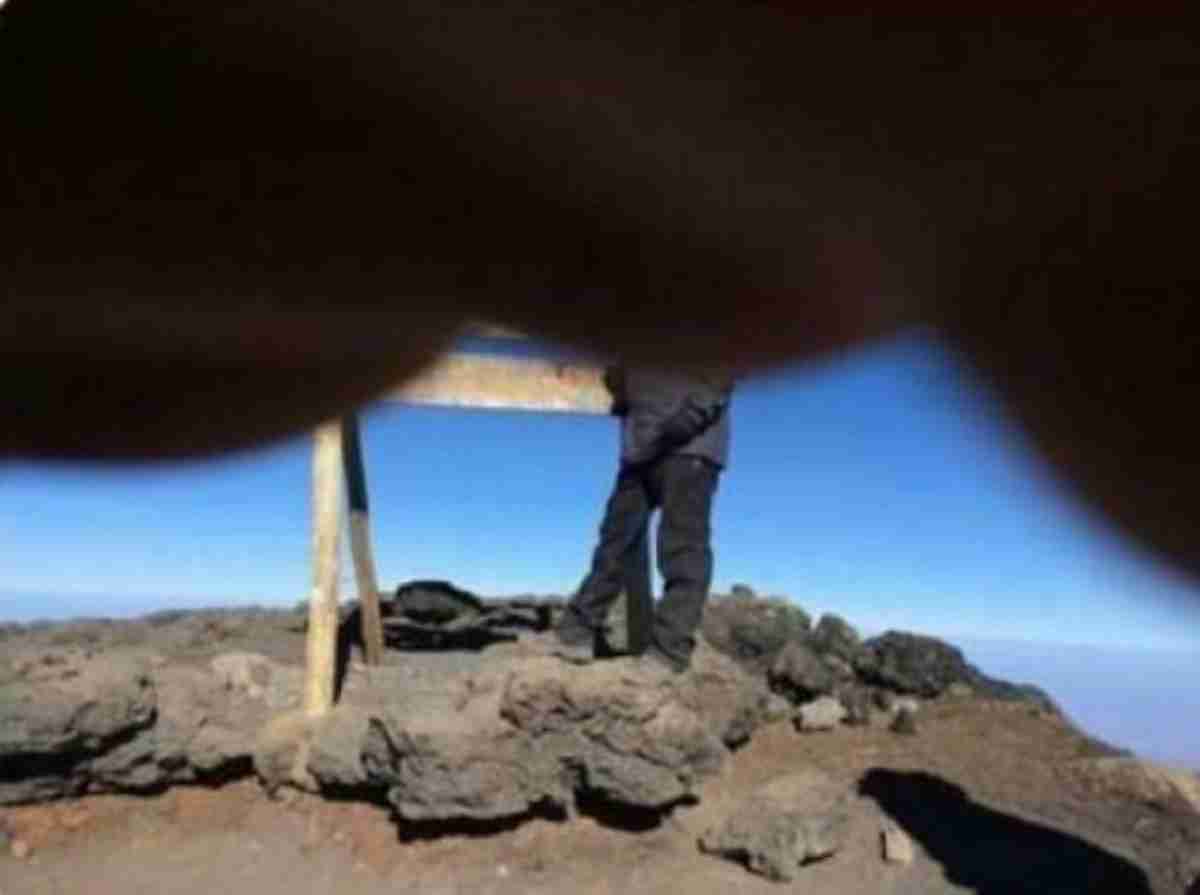 Guy tirou uma semana de folga do trabalho para escalar a montanha Kilimanjaro e arrecadar dinheiro para caridade. Esta é a foto que seu guia tirou no topo, antes que o telefone morresse