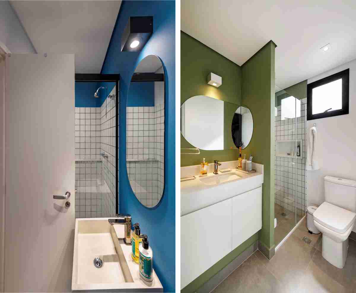Os banheiros têm um contraste interessante; espelhos com formas orgânicas; além de iluminação a partir de plafons / Projeto de Tatiane Waileman e fotos de Emerson Rodrigues