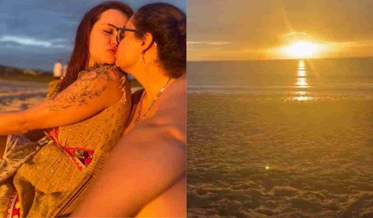 Marcela McGowan e Luiza trocam beijos ao admirar o pôr do sol no Ceará (Foto: Reprodução/Instagram)