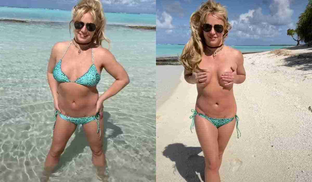 Britney Spears surge fazendo topless em praia durante a lua de mel (Foto: Reprodução/Instagram)