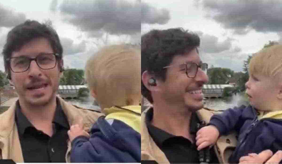Vídeo fofo! Repórter viraliza na web ao entrar ao vivo com o filho no colo (Foto: Reprodução/Twitter/Band News FM)