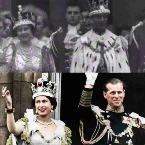 A Rainha-mãe usando a coroa na coroação do Rei George e, em seguida, Rainha Elizabeth II também usando-a. Fotos: Reprodução/ Twitter