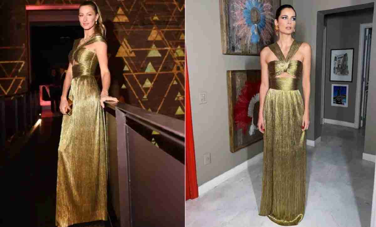 Gisele Bündchen e Fernanda Motta escolhem vestido dourado plissado para noite paulistana. Fotos: Reprodução/ Instagram