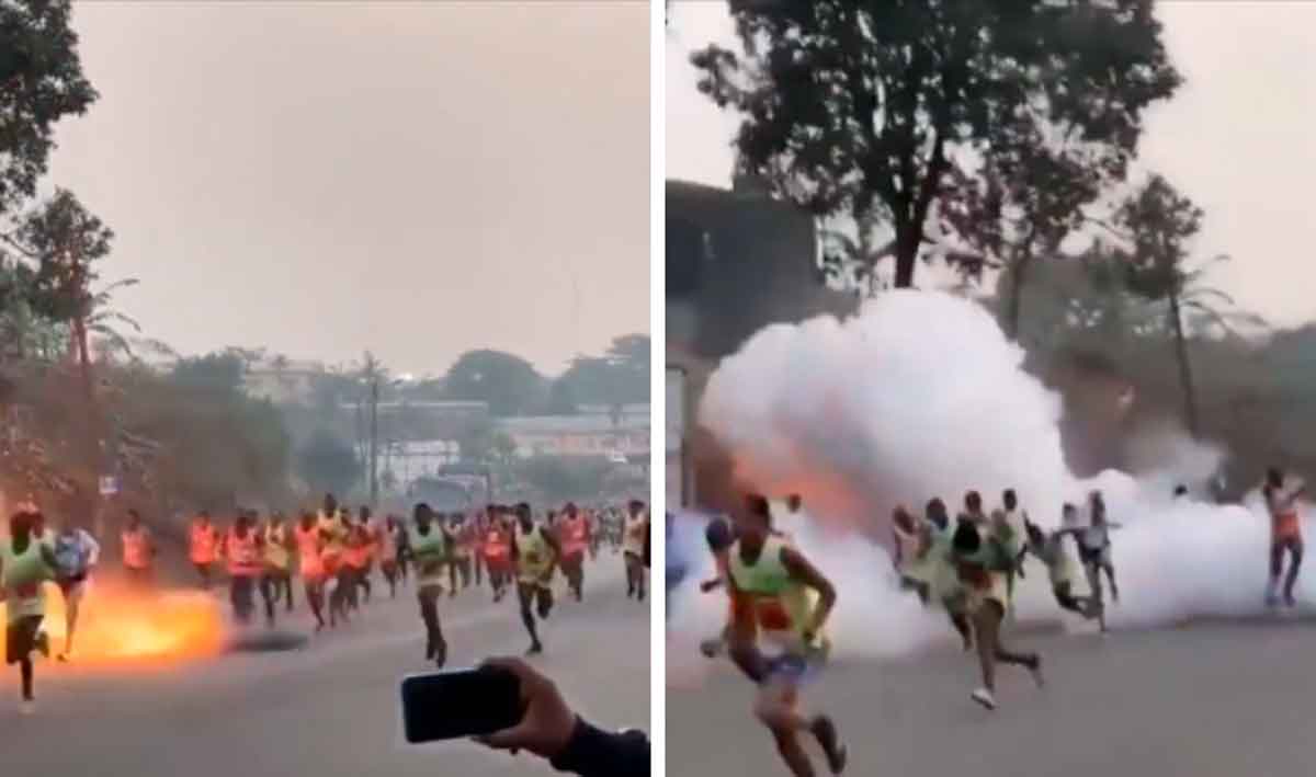 Vídeo mostra explosão durante maratona nos Camarões. Reprodução Twitter
