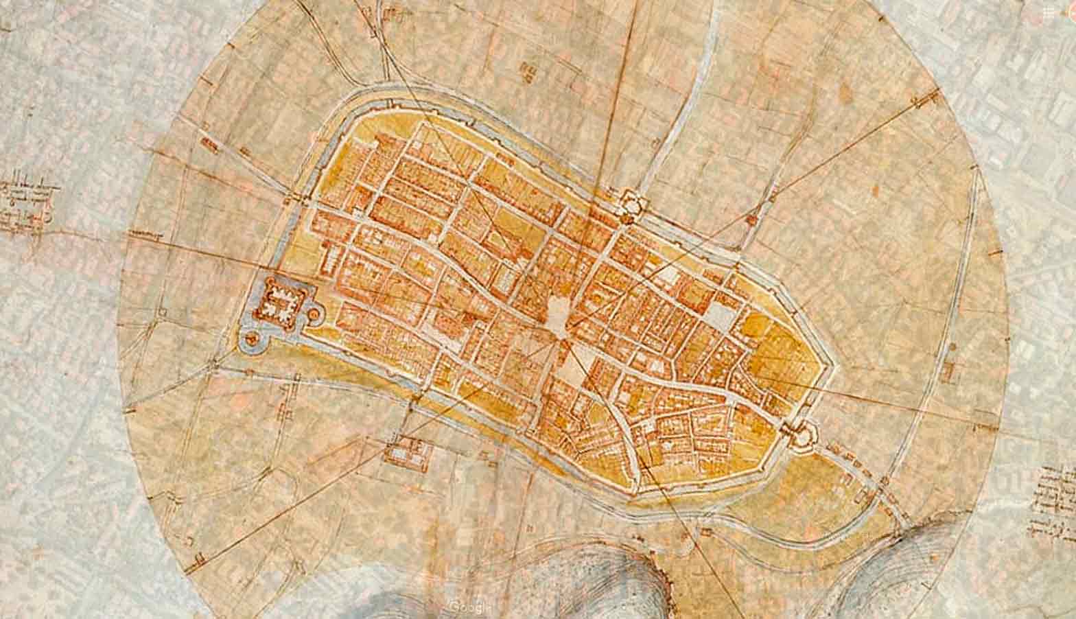 Mapa de Imola desenhado por Leonardo da Vinci sobreposto em imagem do Goolge Maps