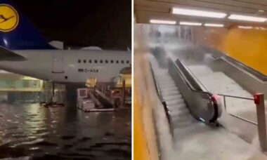 Vídeo mostra o Aeroporto de Frankfurt totalmente alagado. Foto: reprodução Twitter