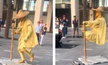 Vídeo mostra o momento em que artista de rua levita no meio da rua e encanta multidão. Foto: reprodução twitter