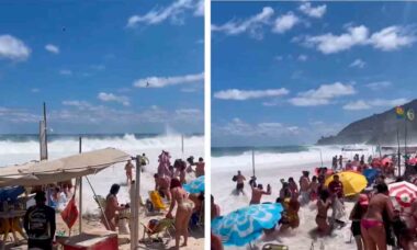 Vídeo mostra o momento que onda gigante atinge praia no Rio de Janeiro e arrasta banhistas. Foto e vídeo: Reprodução Instagram