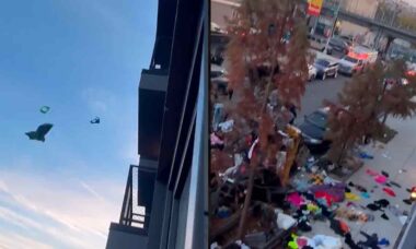 Vídeo: Mulher joga roupas e outras coisas de varanda do sexto andar após flagrar traição do namorado. Fotos e vídeo: Reprodução Tiktok @thisisnyc