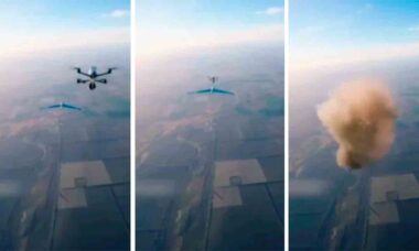 Vídeo mostra ataque de drone da Ucrânia contra drone da Rússia (Foto: X @JimmySecUK | instagram @military.aviation2)