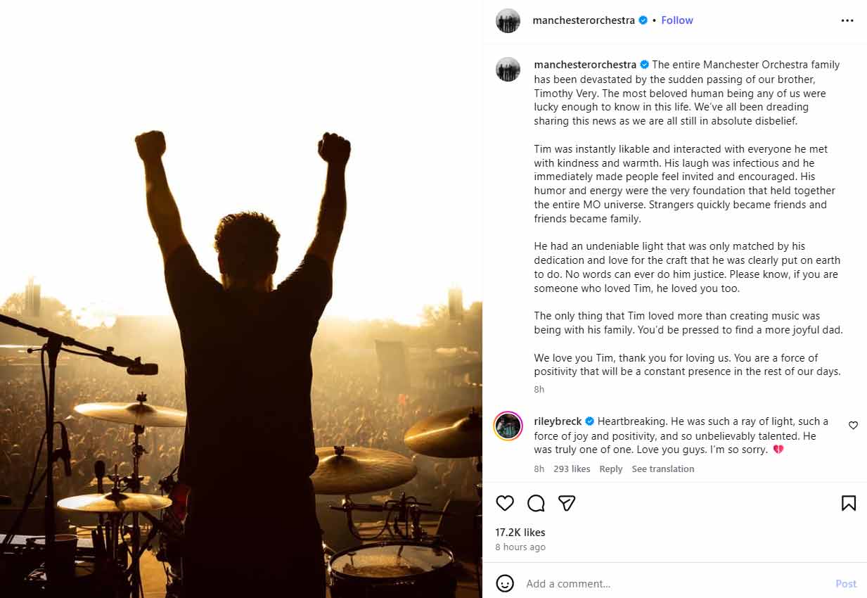 Batterista dei Manchester Orchestra, Timothy Very, muore a 42 anni. Instagram @manchesterorchestra