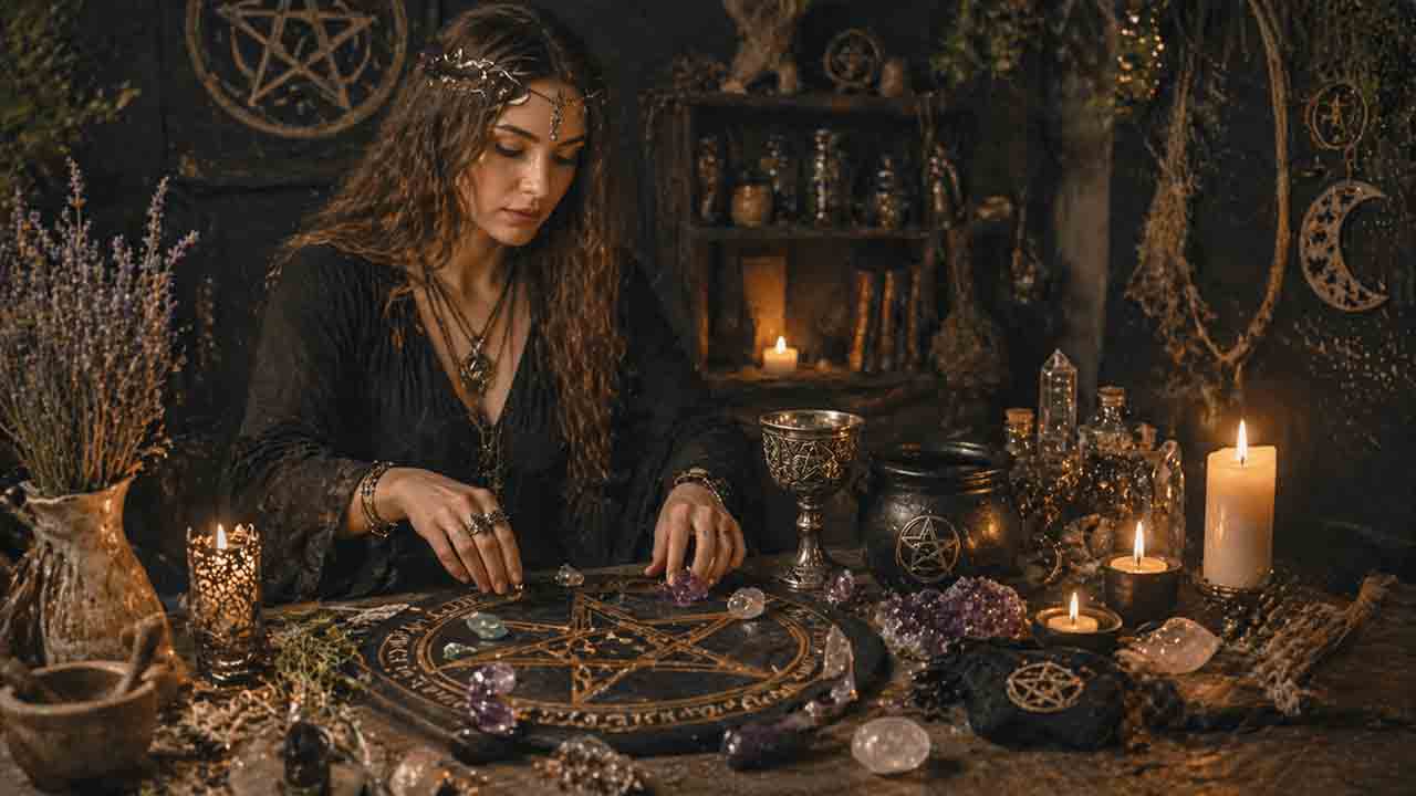 Os principais símbolos da Wicca. Ilustração: Condutta