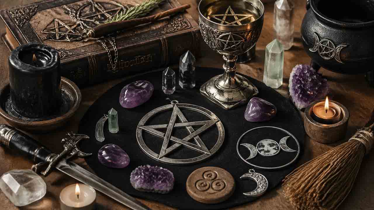 Os principais símbolos da Wicca. Ilustração: Condutta